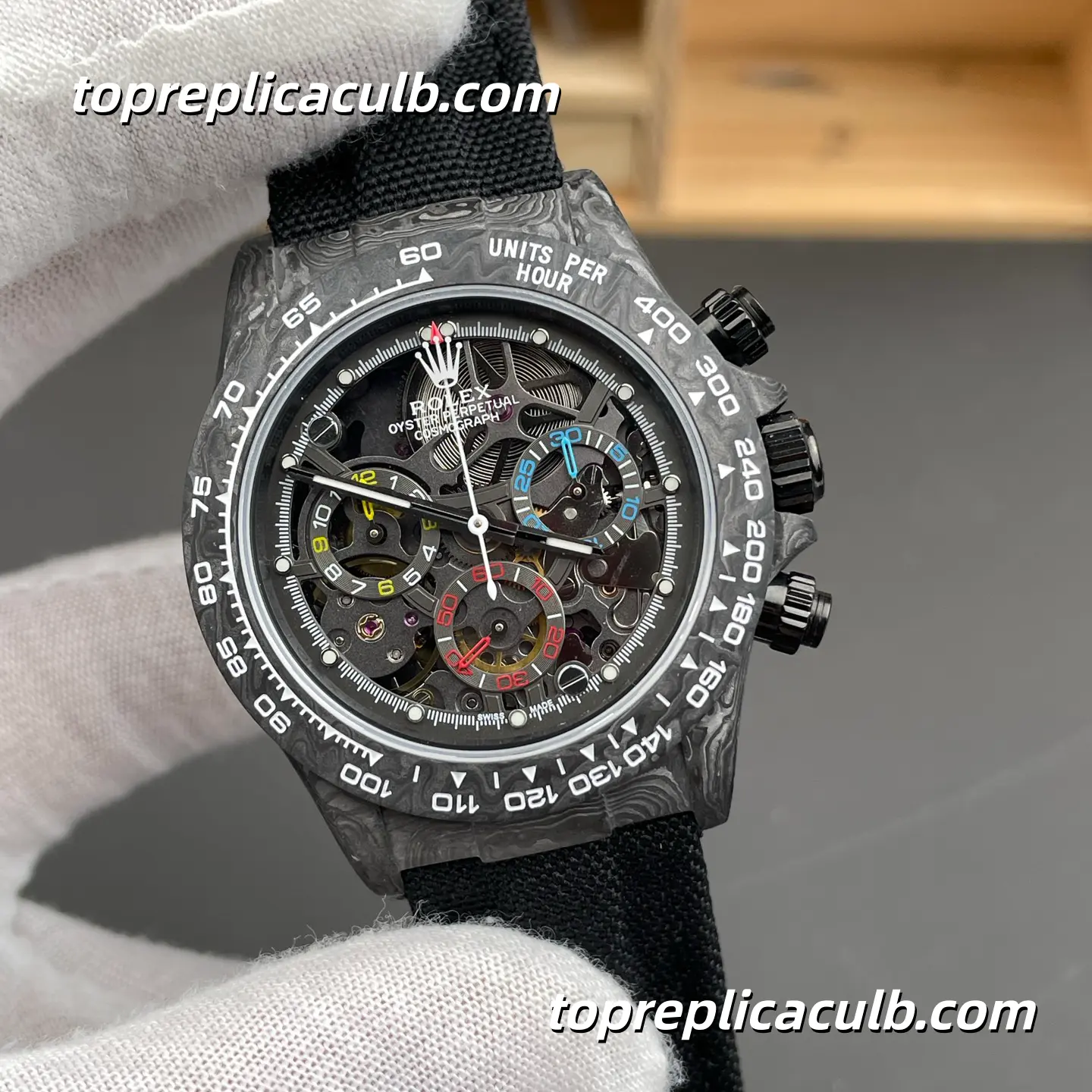 Rolex Daytona DIW Carbon Skeleton 40MM Openworked Dial Forged Carbon Case Black Fabric Strap Super Clone Watch with Dandong 4130 Movement - Image 4
