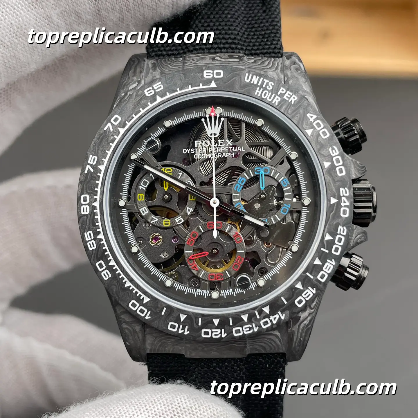 Rolex Daytona DIW Carbon Skeleton 40MM Openworked Dial Forged Carbon Case Black Fabric Strap Super Clone Watch with Dandong 4130 Movement - Image 3