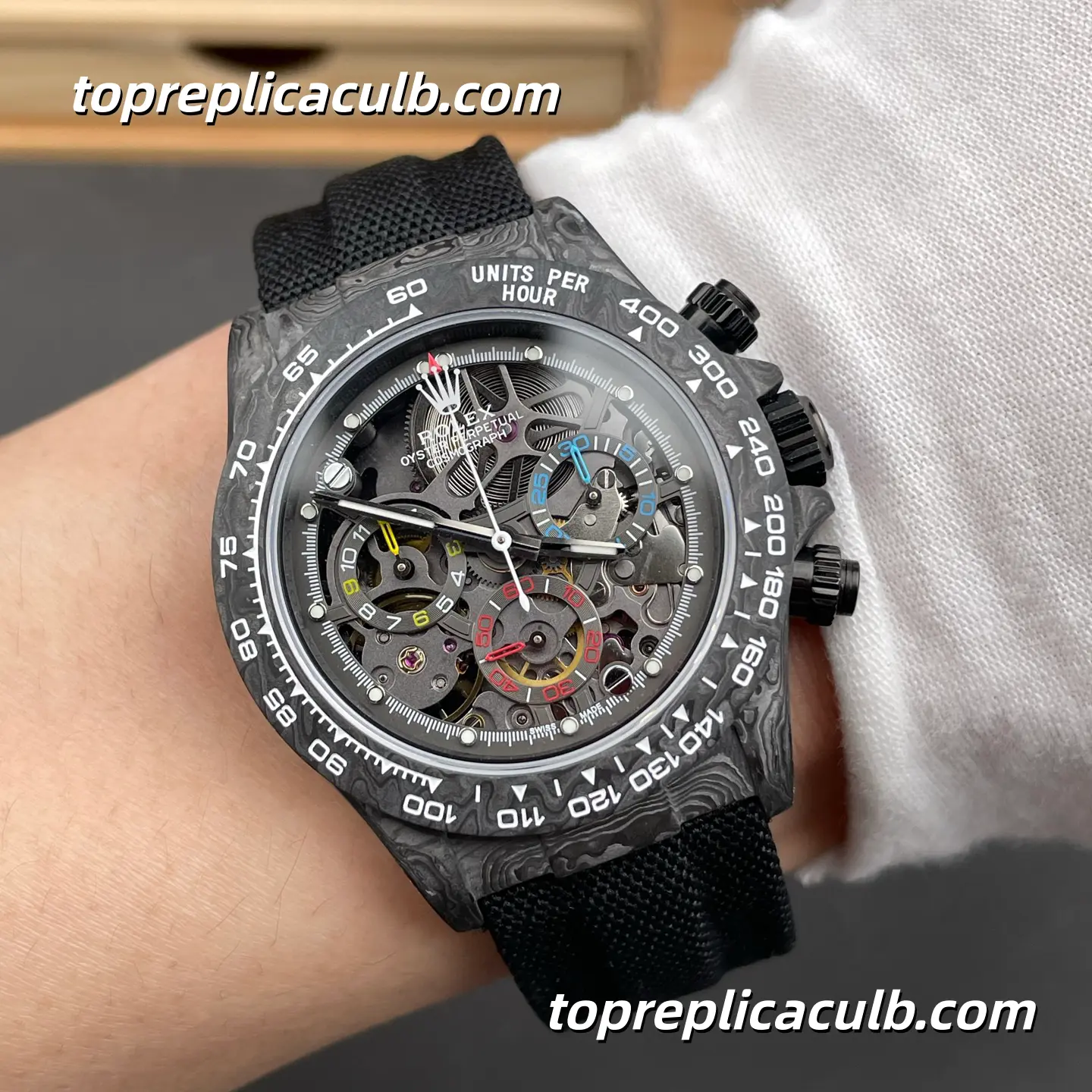 Rolex Daytona DIW Carbon Skeleton 40MM Openworked Dial Forged Carbon Case Black Fabric Strap Super Clone Watch with Dandong 4130 Movement - Image 2