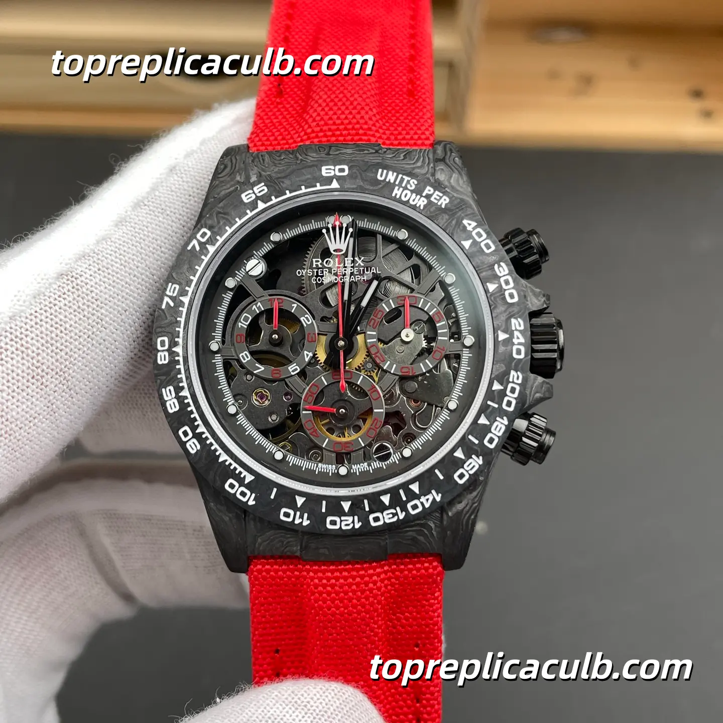 Rolex Daytona DIW Carbon Skeleton 40MM Openworked Dial Forged Carbon Case Red Fabric Strap Super Clone Watch with Dandong 4130 Movement
