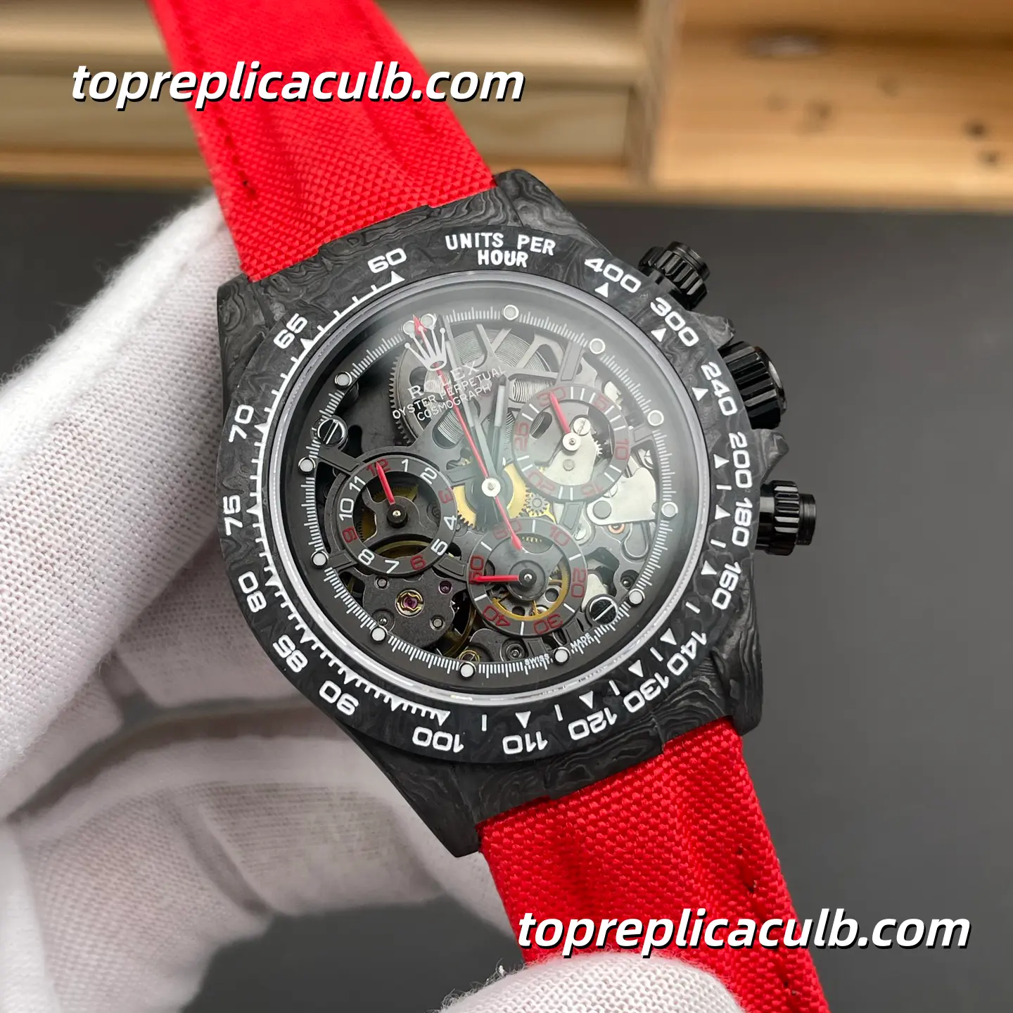Rolex Daytona DIW Carbon Skeleton 40MM Openworked Dial Forged Carbon Case Red Fabric Strap Super Clone Watch with Dandong 4130 Movement - Image 4