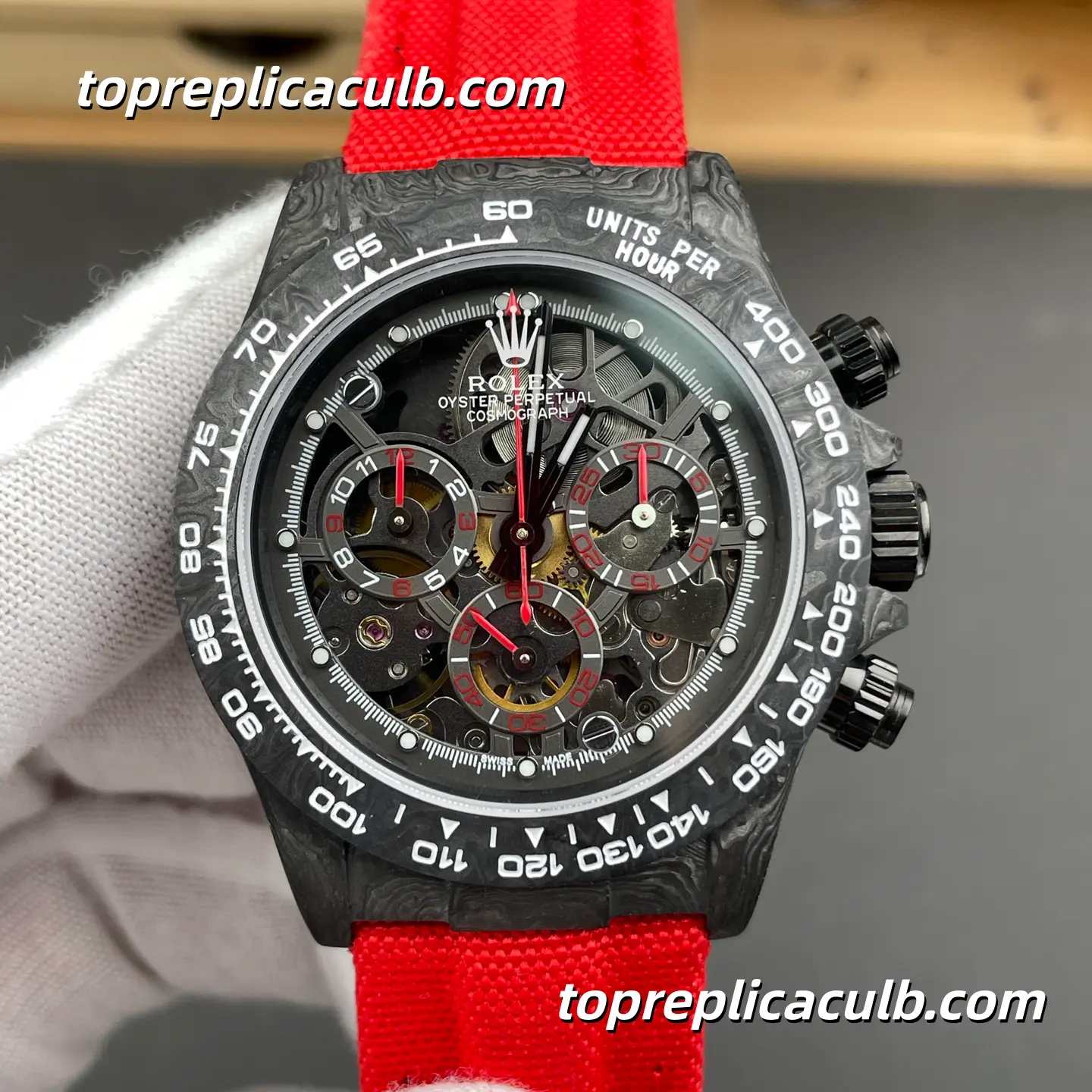 Rolex Daytona DIW Carbon Skeleton 40MM Openworked Dial Forged Carbon Case Red Fabric Strap Super Clone Watch with Dandong 4130 Movement - Image 3