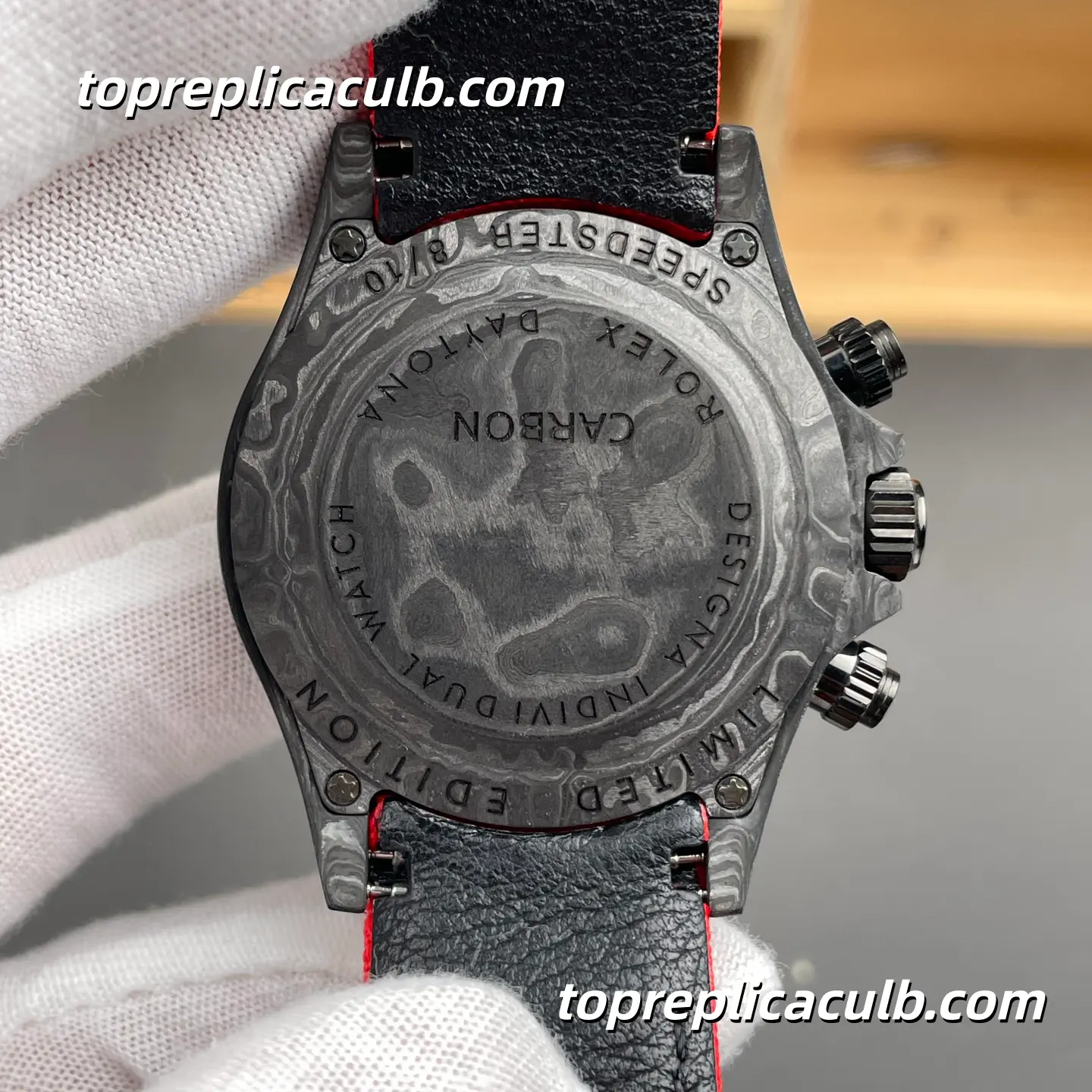 Rolex Daytona DIW Carbon Skeleton 40MM Openworked Dial Forged Carbon Case Red Fabric Strap Super Clone Watch with Dandong 4130 Movement - Image 9
