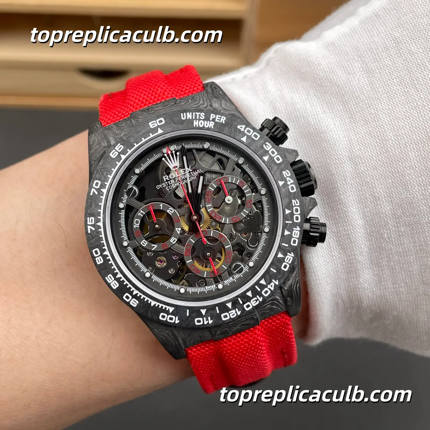 Rolex Daytona DIW Carbon Skeleton 40MM Openworked Dial Forged Carbon Case Red Fabric Strap Super Clone Watch with Dandong 4130 Movement - Image 2