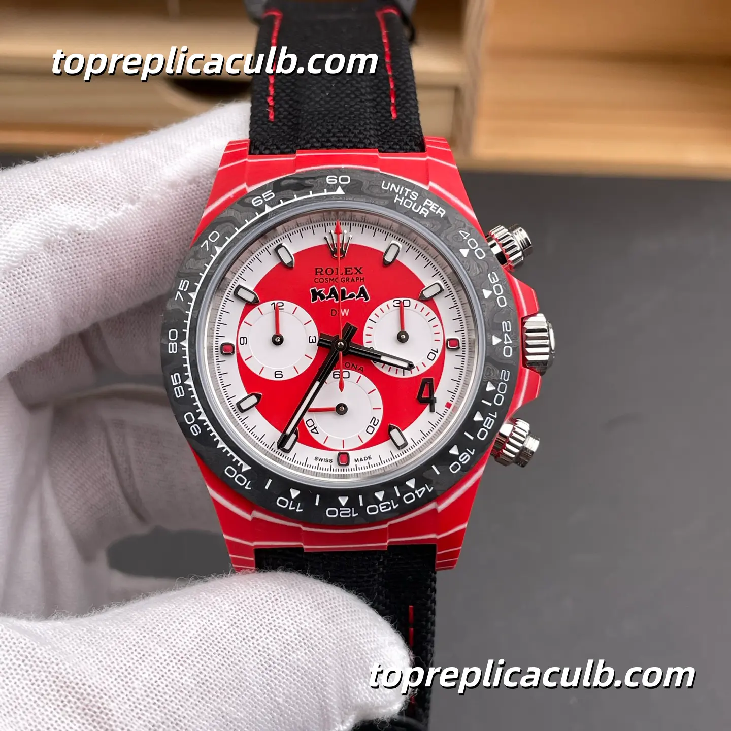 Rolex Daytona “DIW Red Carbon” 40MM Red Dial Carbon Fiber Case Black Ceramic Bezel Nylon Strap Super Clone Watch with Oris 4801 Movement