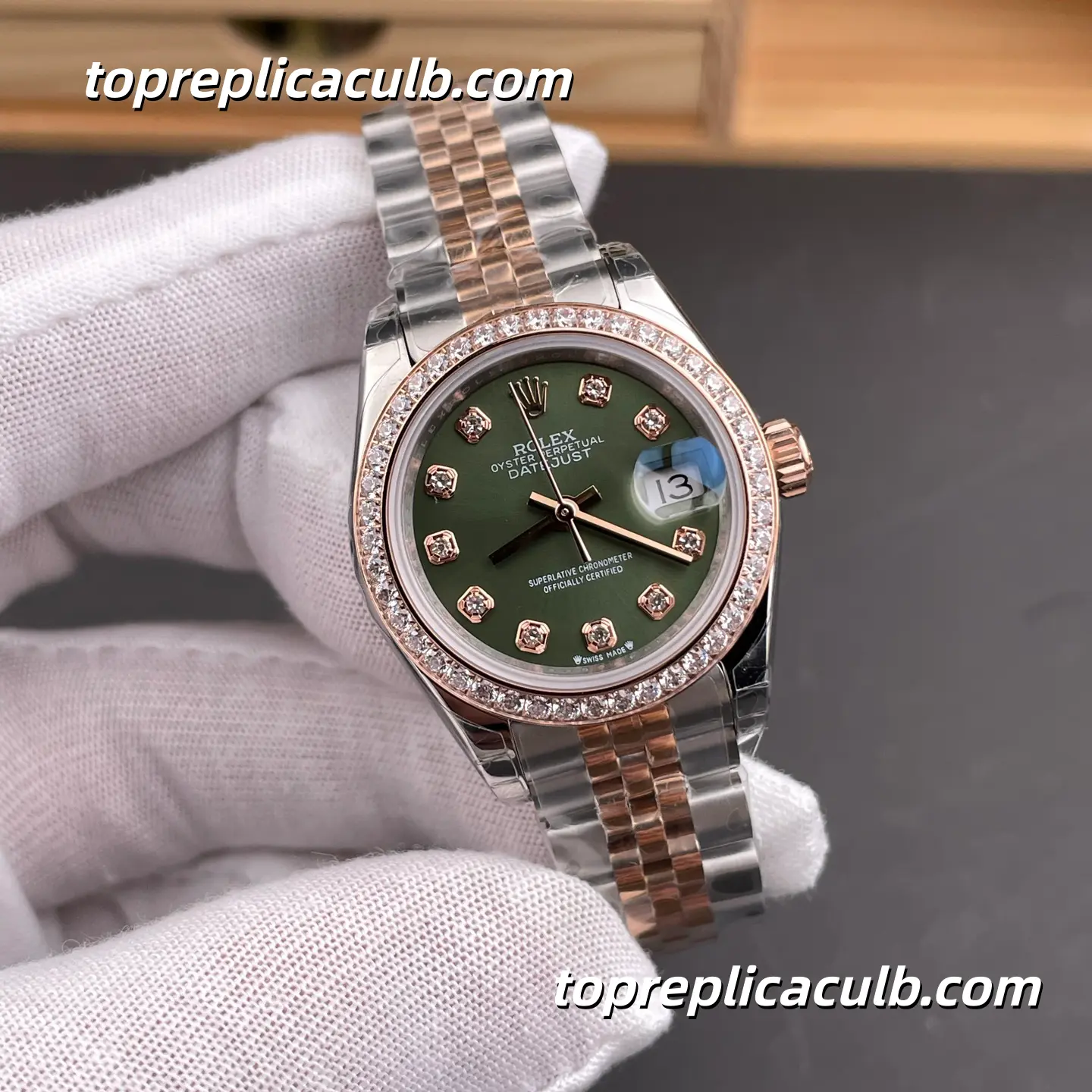 Rolex Lady DateJust 28MM 279381RBR-0007 Olive Green Diamond Dial Jubilee Bracelet Super Clone Watch - Image 4