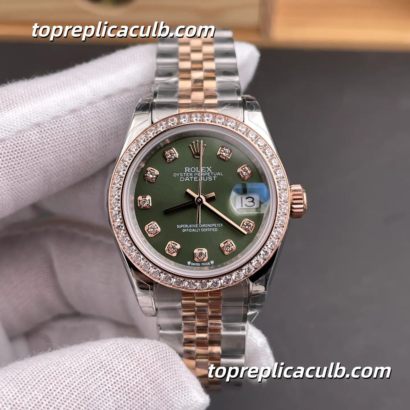 Rolex Lady DateJust 28MM 279381RBR-0007 Olive Green Diamond Dial Jubilee Bracelet Super Clone Watch - Image 3