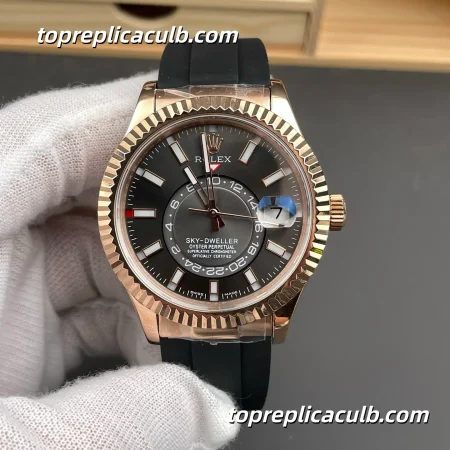 Rolex Sky-Dweller 42MM M336235-0004 Rose Gold Black Dial Oysterflex Super Clone Watch with Annual Calendar and GMT Function