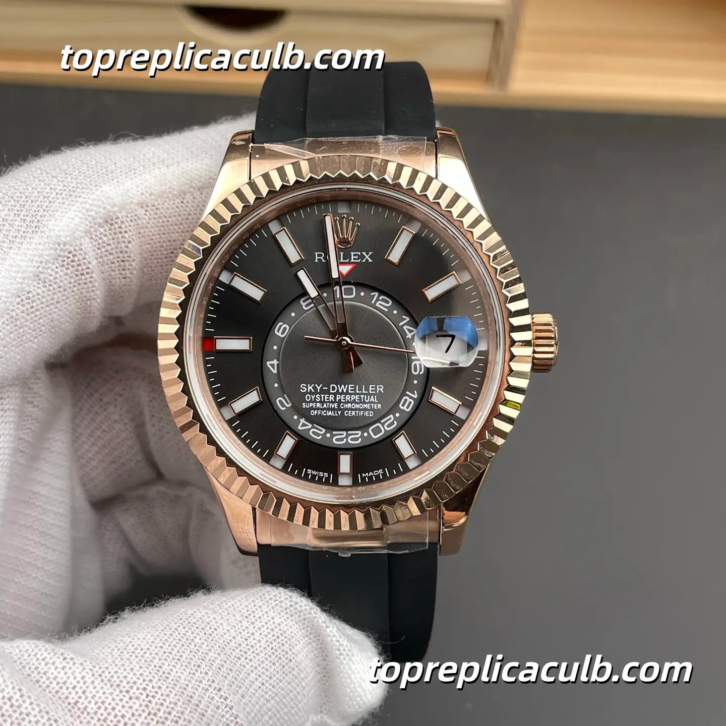 Rolex Sky-Dweller 42MM M336235-0004 Rose Gold Black Dial Oysterflex Super Clone Watch with Annual Calendar and GMT Function