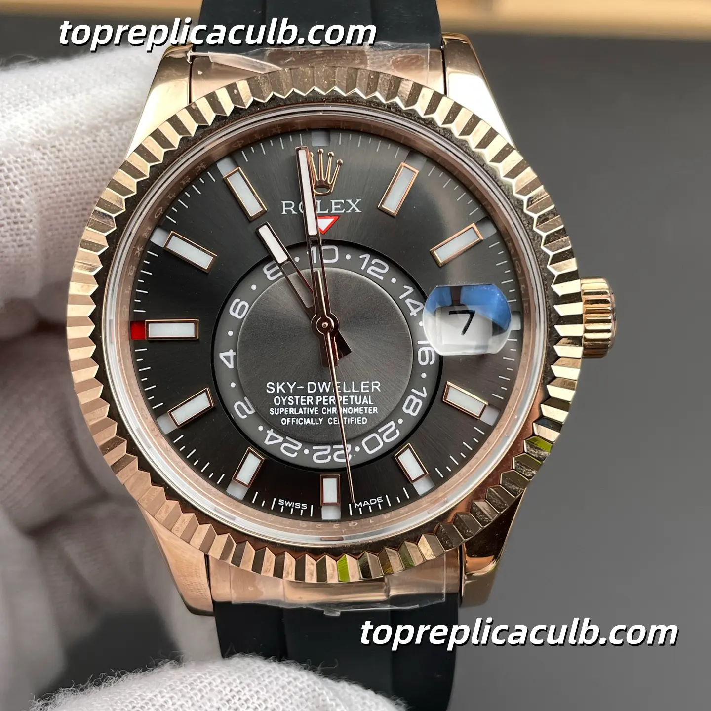Rolex Sky-Dweller 42MM M336235-0004 Rose Gold Black Dial Oysterflex Super Clone Watch with Annual Calendar and GMT Function - Image 3