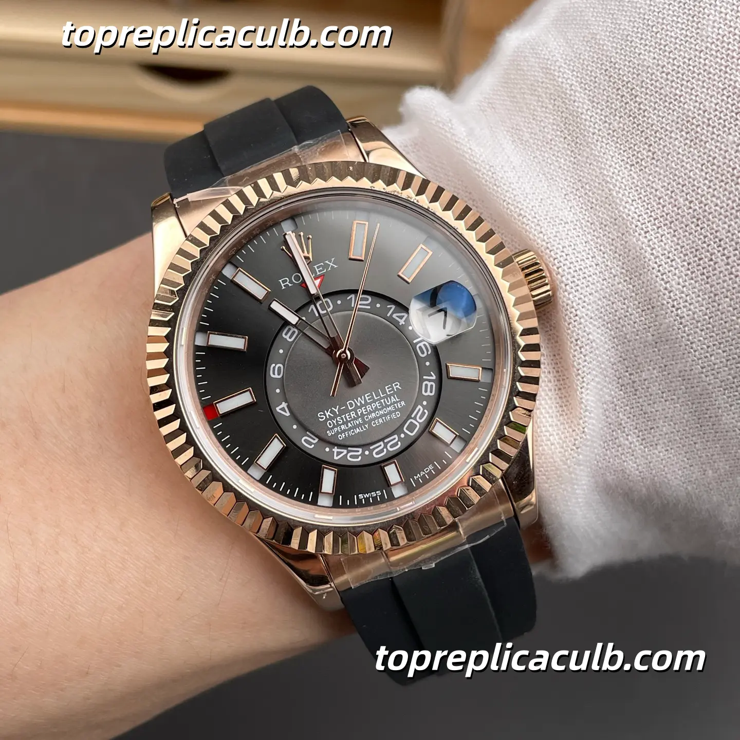 Rolex Sky-Dweller 42MM M336235-0004 Rose Gold Black Dial Oysterflex Super Clone Watch with Annual Calendar and GMT Function - Image 2