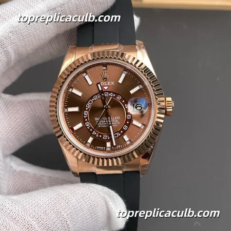 Rolex Sky-Dweller M336235-0002 42MM Rose Gold Chocolate Dial Oysterflex Super Clone Watch with GMT and Annual Calendar