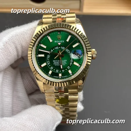 Rolex Sky-Dweller M336938-0008 42MM Yellow Gold Green Dial Jubilee Bracelet Super Clone Watch with GMT and Annual Calendar