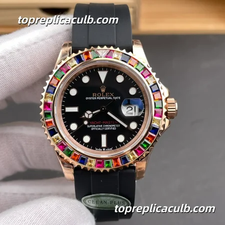 Rolex Yacht-Master 40MM 116695SATS Rainbow Gem-Set Bezel Black Dial Oysterflex Super Clone Watch