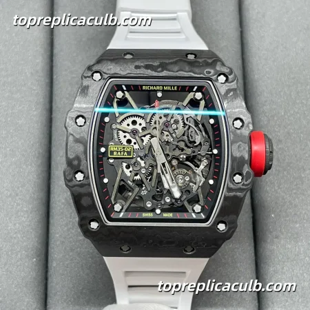 T+ Factory Richard Mille RM35-02 Rafael Nadal White Strap Carbon Fiber Case Skeleton Dial Super Clone Watch With Integrated Shockproof Sapphire Movement