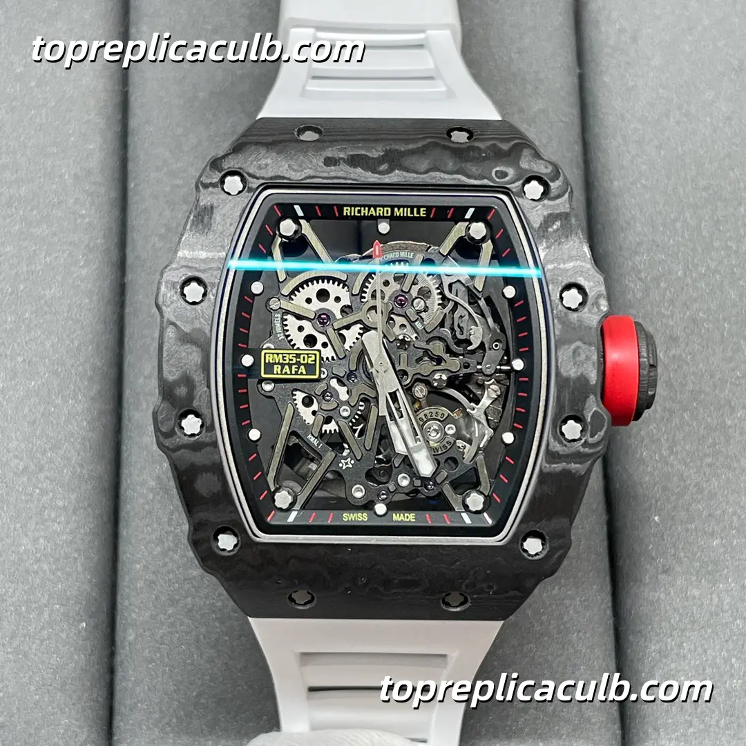 T+ Factory Richard Mille RM35-02 Rafael Nadal White Strap Carbon Fiber Case Skeleton Dial Super Clone Watch With Integrated Shockproof Sapphire Movement