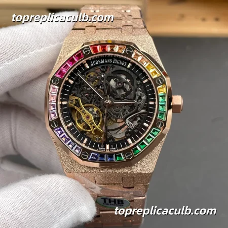 THB Factory Audemars Piguet Royal Oak 41MM 15412OR.YG.1224OR.01 Skeleton Dial Rainbow Gem-Set Bezel Frosted Rose Gold Style Bracelet Super Clone Watch with 3132 Automatic Movement