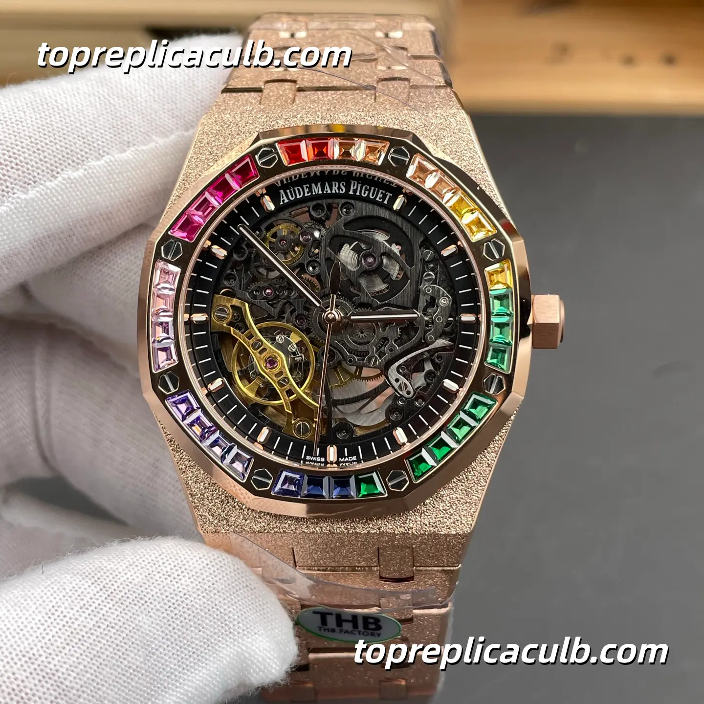THB Factory Audemars Piguet Royal Oak 41MM 15412OR.YG.1224OR.01 Skeleton Dial Rainbow Gem-Set Bezel Frosted Rose Gold Style Bracelet Super Clone Watch with 3132 Automatic Movement