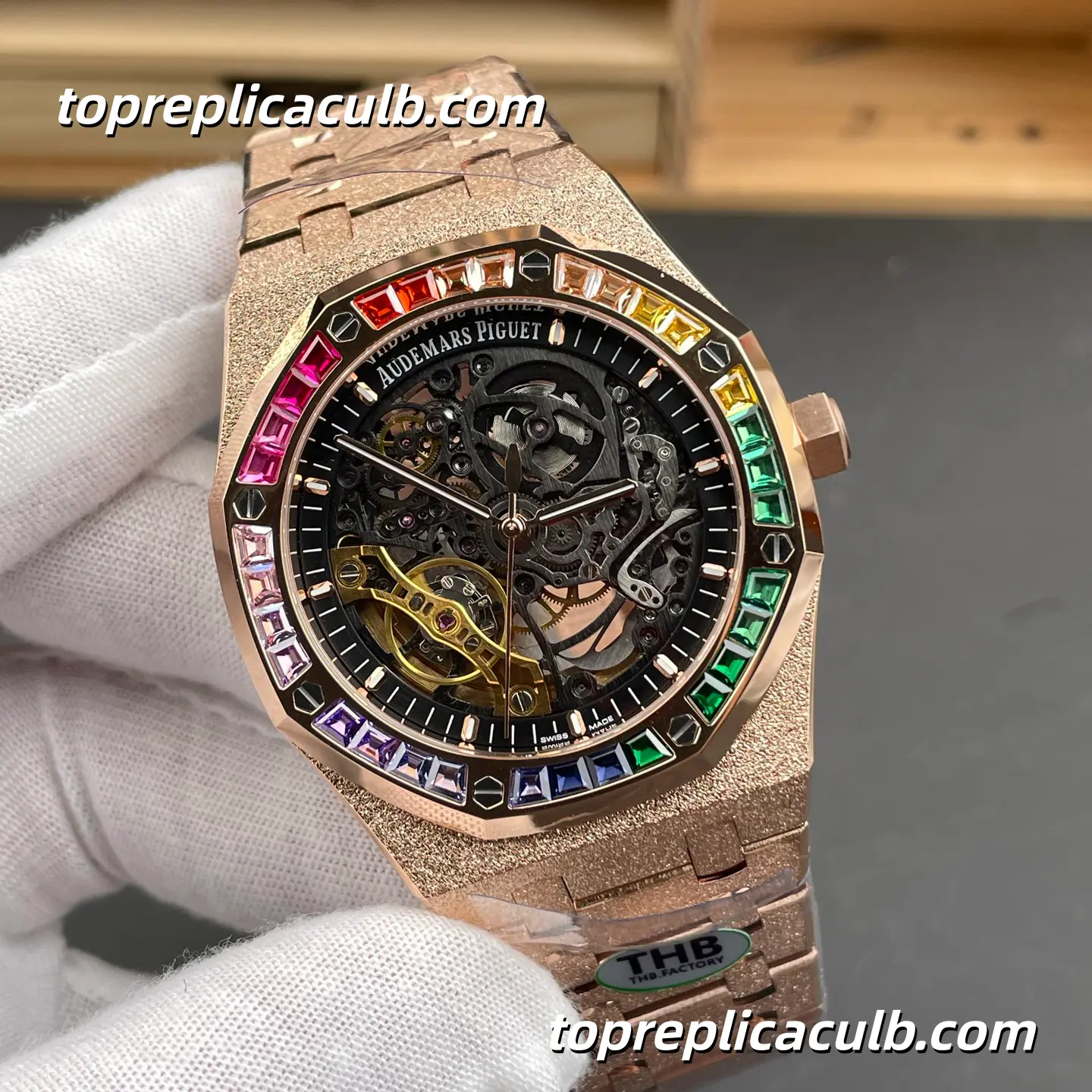THB Factory Audemars Piguet Royal Oak 41MM 15412OR.YG.1224OR.01 Skeleton Dial Rainbow Gem-Set Bezel Frosted Rose Gold Style Bracelet Super Clone Watch with 3132 Automatic Movement - Image 4