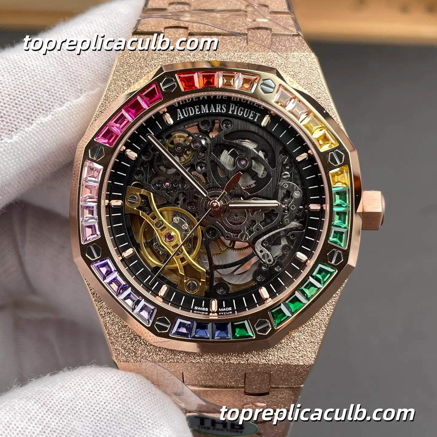 THB Factory Audemars Piguet Royal Oak 41MM 15412OR.YG.1224OR.01 Skeleton Dial Rainbow Gem-Set Bezel Frosted Rose Gold Style Bracelet Super Clone Watch with 3132 Automatic Movement - Image 3