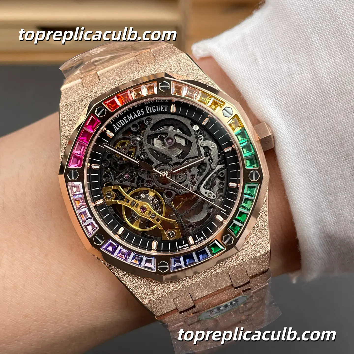 THB Factory Audemars Piguet Royal Oak 41MM 15412OR.YG.1224OR.01 Skeleton Dial Rainbow Gem-Set Bezel Frosted Rose Gold Style Bracelet Super Clone Watch with 3132 Automatic Movement - Image 2