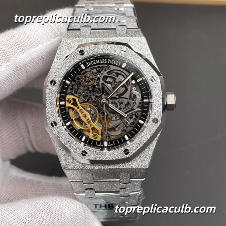 THB Factory Audemars Piguet Royal Oak Double Balance Wheel Openworked 41MM 15407BC.GG.1224BC.01 Frosted Finish Skeleton Dial Bracelet Super Clone Watch