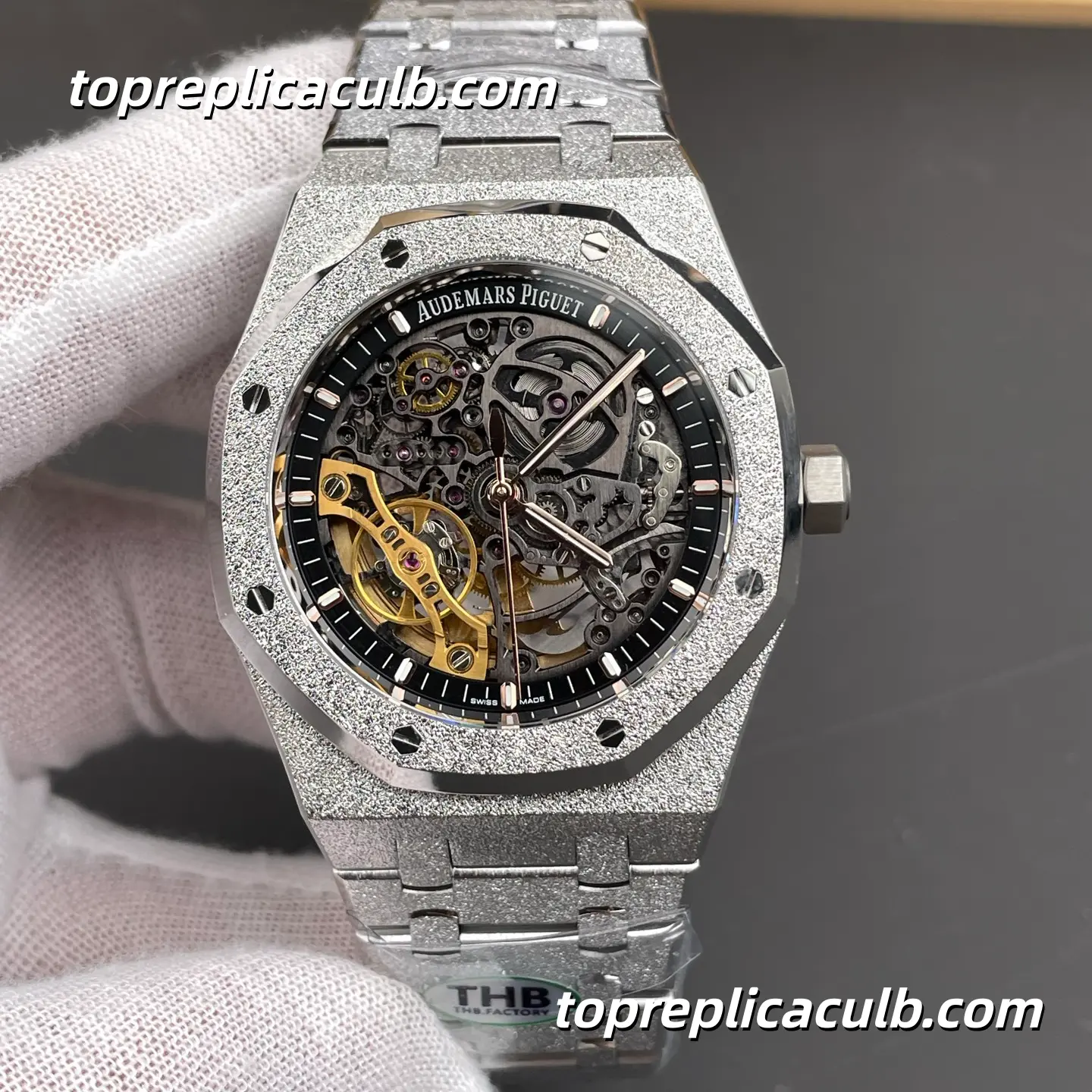 THB Factory Audemars Piguet Royal Oak Double Balance Wheel Openworked 41MM 15407BC.GG.1224BC.01 Frosted Finish Skeleton Dial Bracelet Super Clone Watch