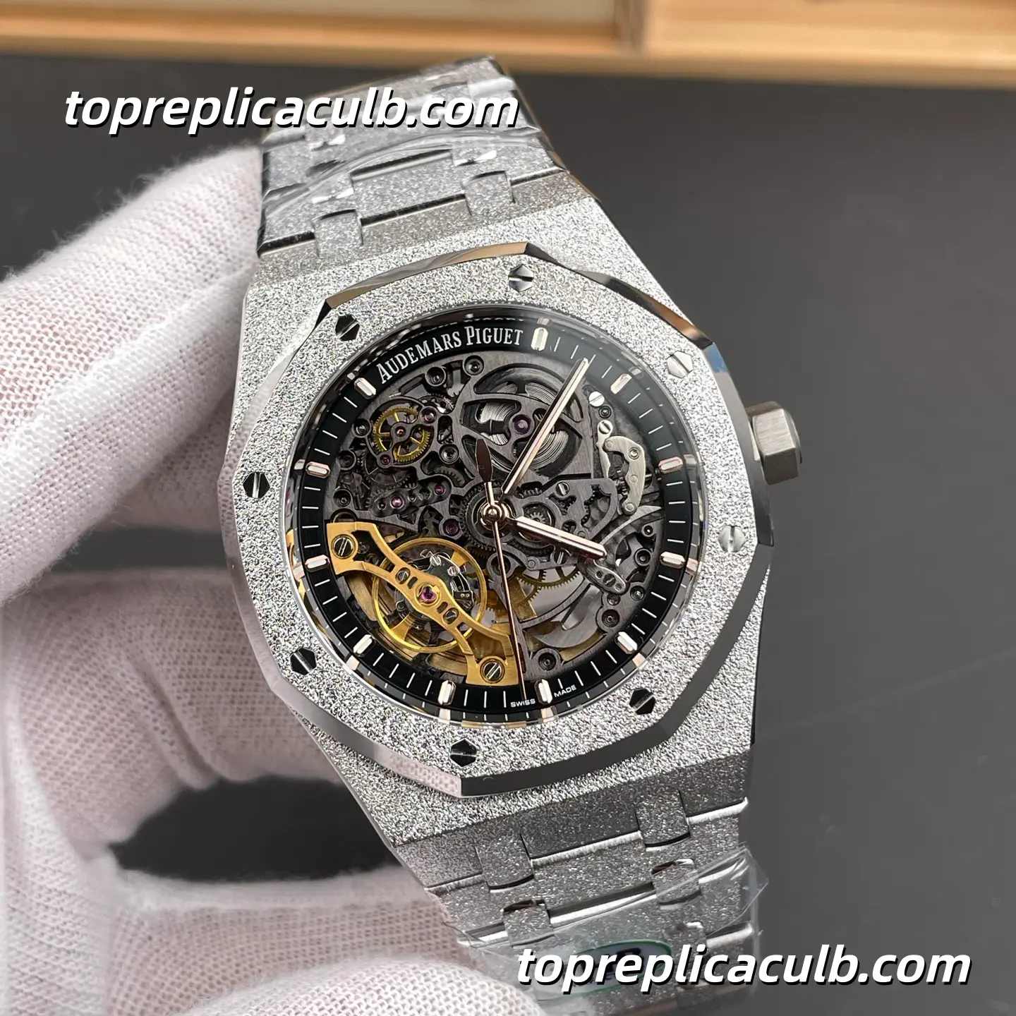 THB Factory Audemars Piguet Royal Oak Double Balance Wheel Openworked 41MM 15407BC.GG.1224BC.01 Frosted Finish Skeleton Dial Bracelet Super Clone Watch - Image 4