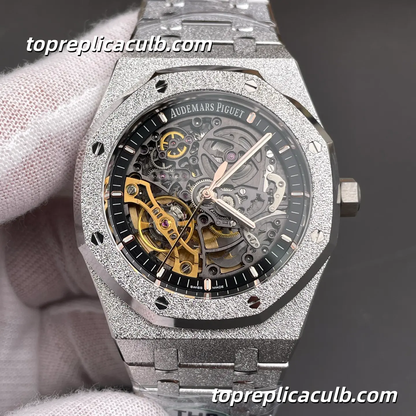 THB Factory Audemars Piguet Royal Oak Double Balance Wheel Openworked 41MM 15407BC.GG.1224BC.01 Frosted Finish Skeleton Dial Bracelet Super Clone Watch - Image 3