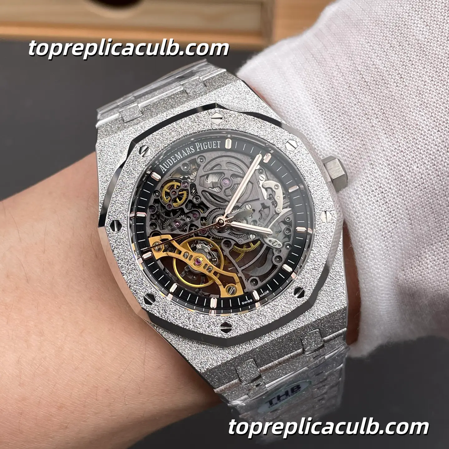 THB Factory Audemars Piguet Royal Oak Double Balance Wheel Openworked 41MM 15407BC.GG.1224BC.01 Frosted Finish Skeleton Dial Bracelet Super Clone Watch - Image 2