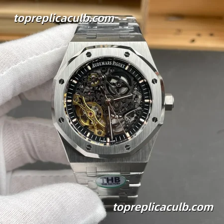 THB Factory Audemars Piguet Royal Oak Double Balance Wheel Openworked 41MM 15407ST.OO.1220ST.01 Skeleton Dial Stainless Steel Bracelet Super Clone Watch with 1:1 Clone Movement