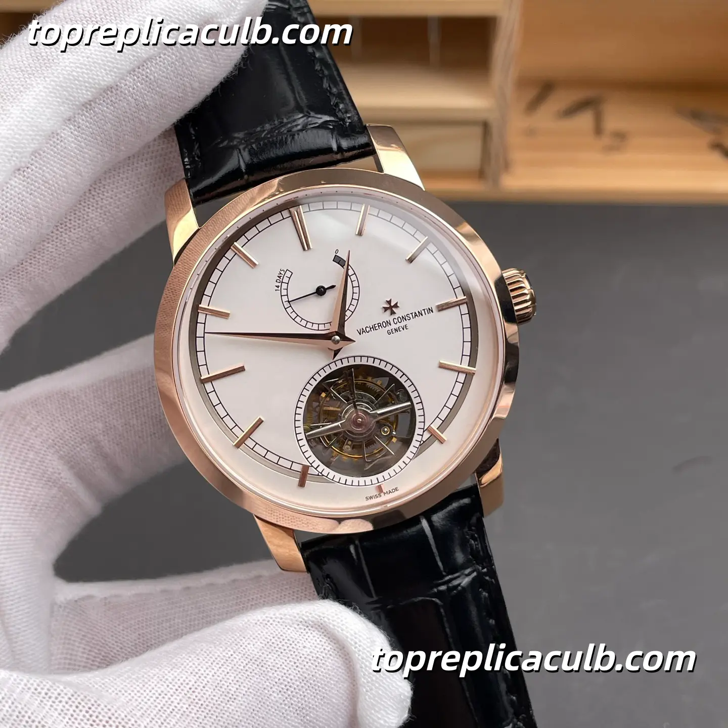 TUR Factory Vacheron Constantin Traditionnelle Series 89000/000R-9655 Tourbillon Super Clone Watch 42mm White Dial Rose Gold Case Black Leather Strap Cal.2260 Manual Movement - Image 4
