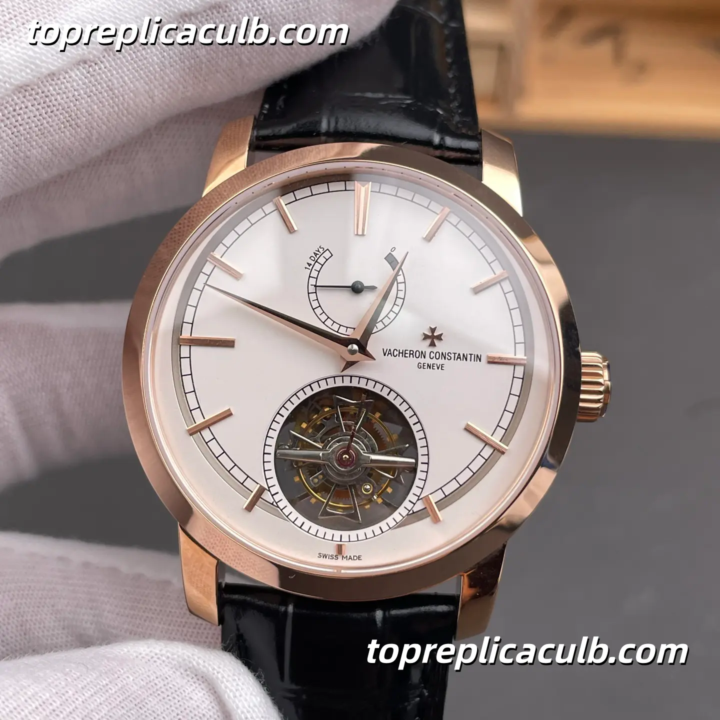 TUR Factory Vacheron Constantin Traditionnelle Series 89000/000R-9655 Tourbillon Super Clone Watch 42mm White Dial Rose Gold Case Black Leather Strap Cal.2260 Manual Movement - Image 3