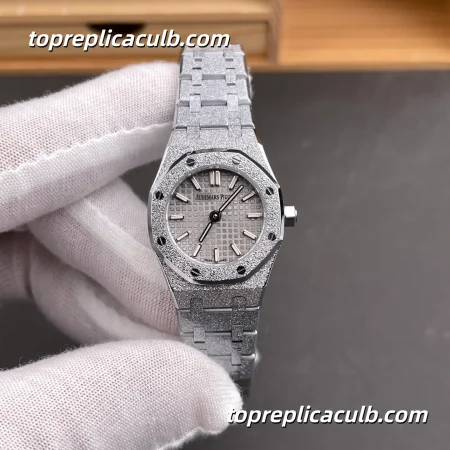 TW Factory Audemars Piguet Royal Oak Mini Frosted Gold 23MM 67630BC.GG.1312BC.01 White Gold “Grande Tapisserie” Dial Frosted Bracelet Super Clone Watch with Quartz Movement