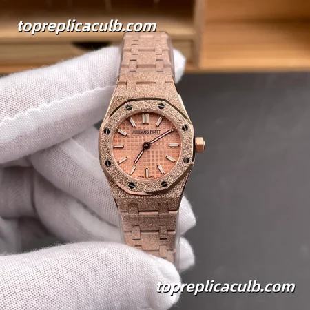 TW Factory Audemars Piguet Royal Oak Mini Frosted Gold 23MM 67630OR.GG.1312OR.01 Pink Gold “Grande Tapisserie” Dial Frosted Bracelet Super Clone Watch with Quartz Movement