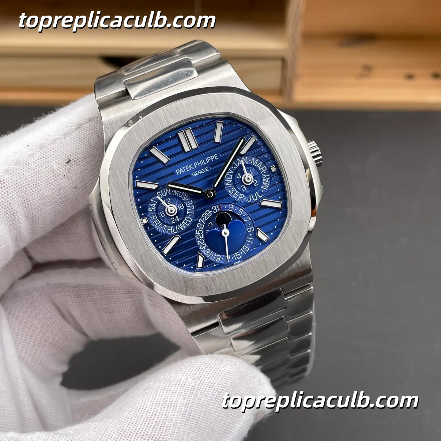 TW Factory Patek Philippe Nautilus Series 5740/1G-001 Super Clone Watch 40mm Blue Dial Stainless Steel Case and Bracelet Perpetual Calendar Moonphase Automatic Movement - Image 4