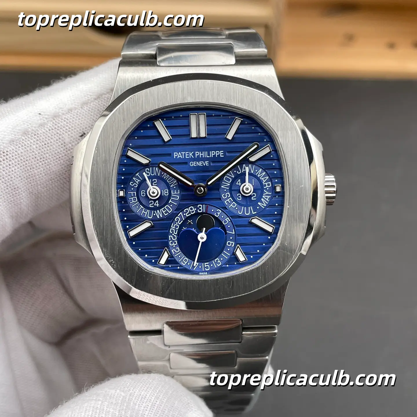 TW Factory Patek Philippe Nautilus Series 5740/1G-001 Super Clone Watch 40mm Blue Dial Stainless Steel Case and Bracelet Perpetual Calendar Moonphase Automatic Movement - Image 3