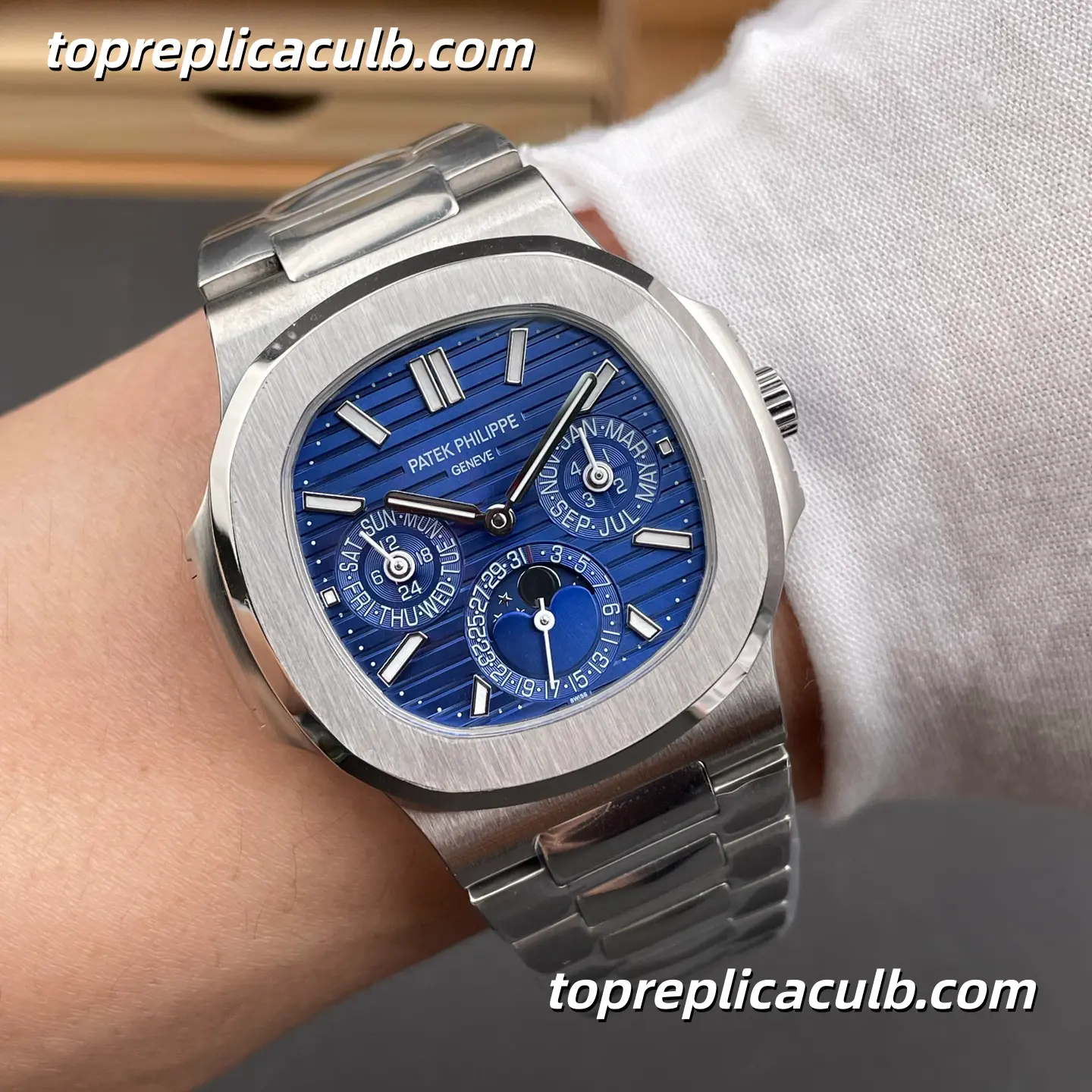 TW Factory Patek Philippe Nautilus Series 5740/1G-001 Super Clone Watch 40mm Blue Dial Stainless Steel Case and Bracelet Perpetual Calendar Moonphase Automatic Movement - Image 2