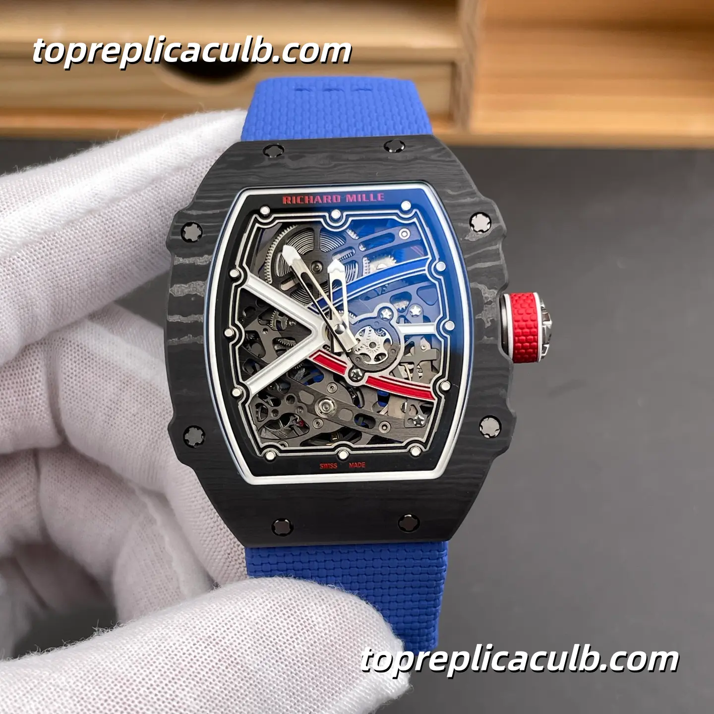 UMI Studio Richard Mille RM67-02 France Edition Black Carbon Fiber Case Skeleton Dial 47x8.8MM Blue Rubber Strap Super Clone Watch