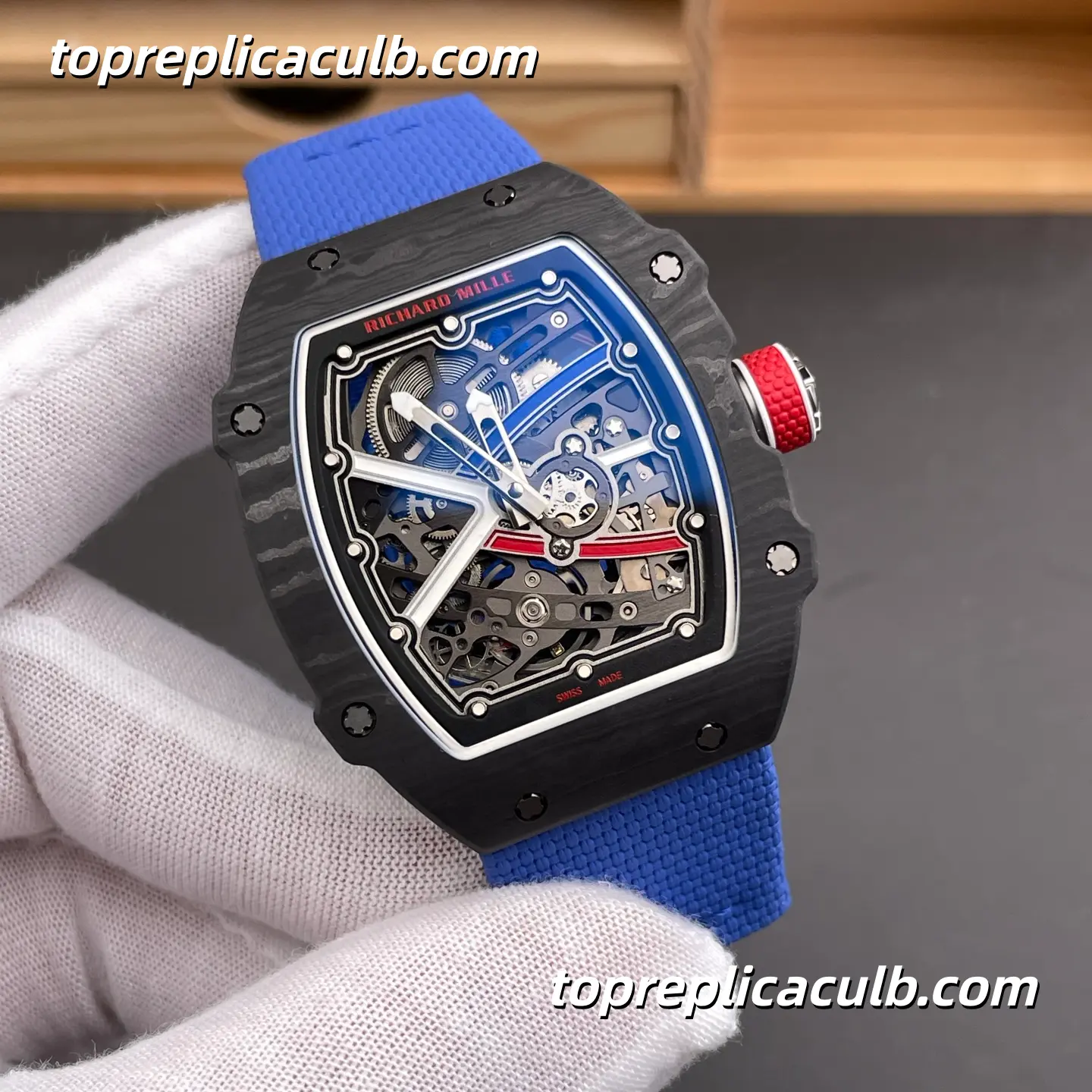 UMI Studio Richard Mille RM67-02 France Edition Black Carbon Fiber Case Skeleton Dial 47x8.8MM Blue Rubber Strap Super Clone Watch With Functional 7 O’Clock 1:1 CRMA7 Automatic Movement - Image 5