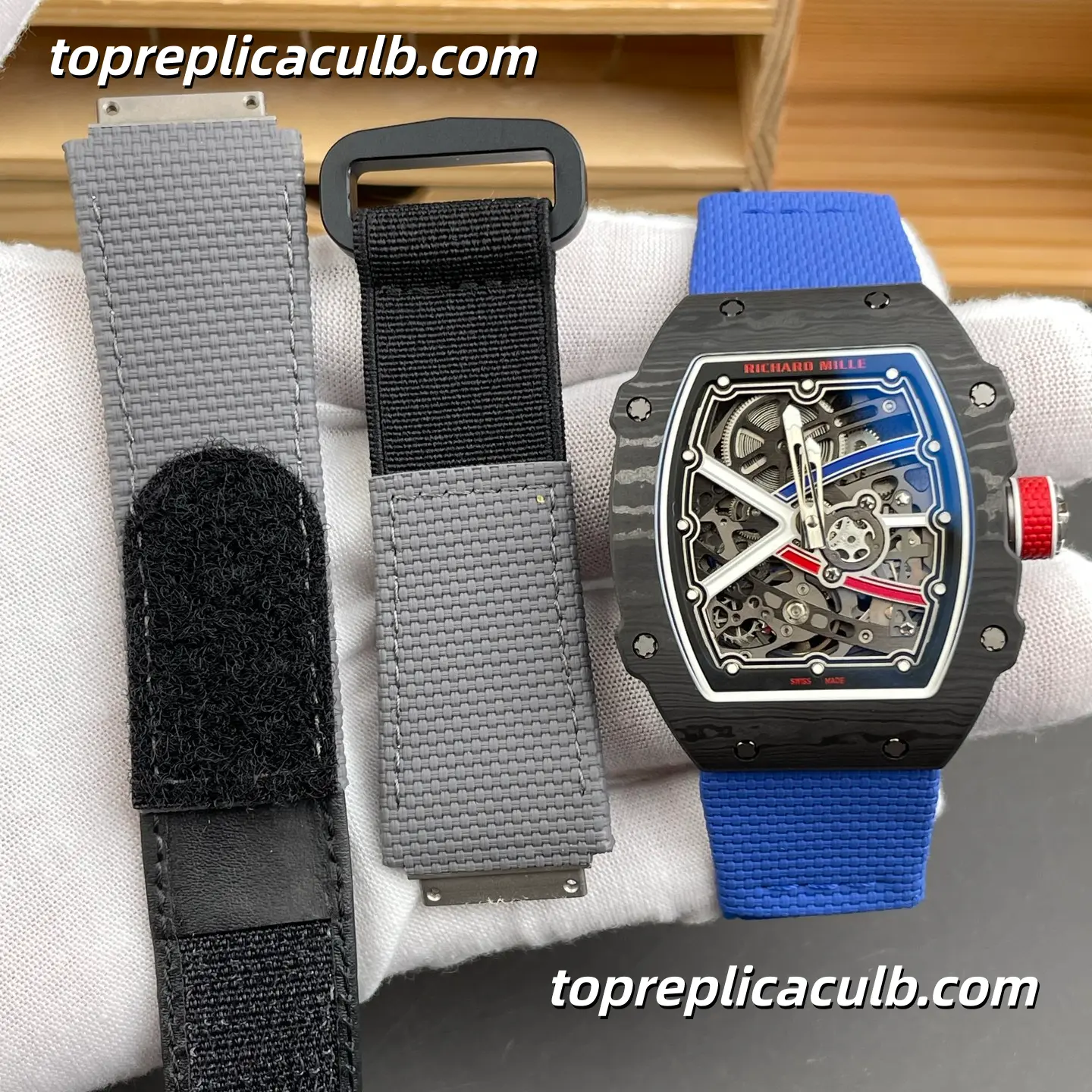 UMI Studio Richard Mille RM67-02 France Edition Black Carbon Fiber Case Skeleton Dial 47x8.8MM Blue Rubber Strap Super Clone Watch With Functional 7 O’Clock 1:1 CRMA7 Automatic Movement - Image 6