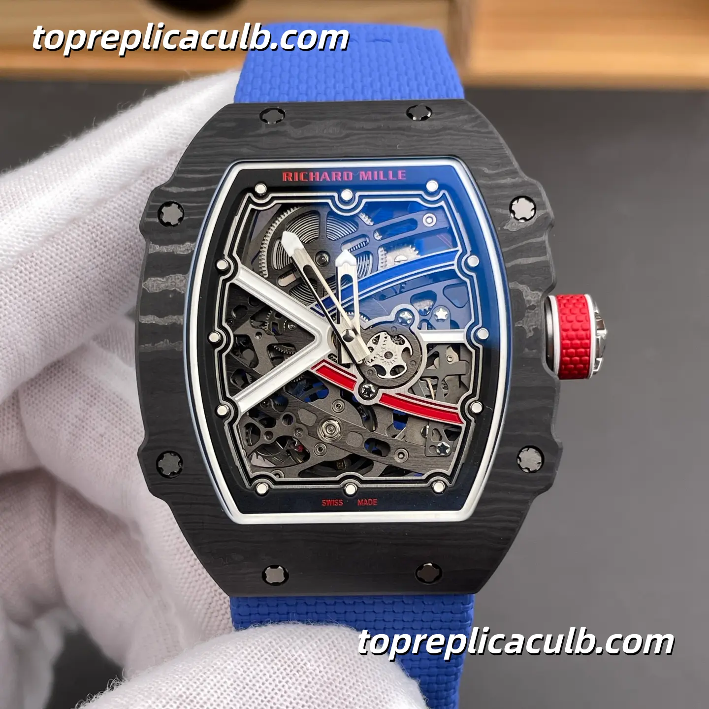 UMI Studio Richard Mille RM67-02 France Edition Black Carbon Fiber Case Skeleton Dial 47x8.8MM Blue Rubber Strap Super Clone Watch With Functional 7 O’Clock 1:1 CRMA7 Automatic Movement - Image 4