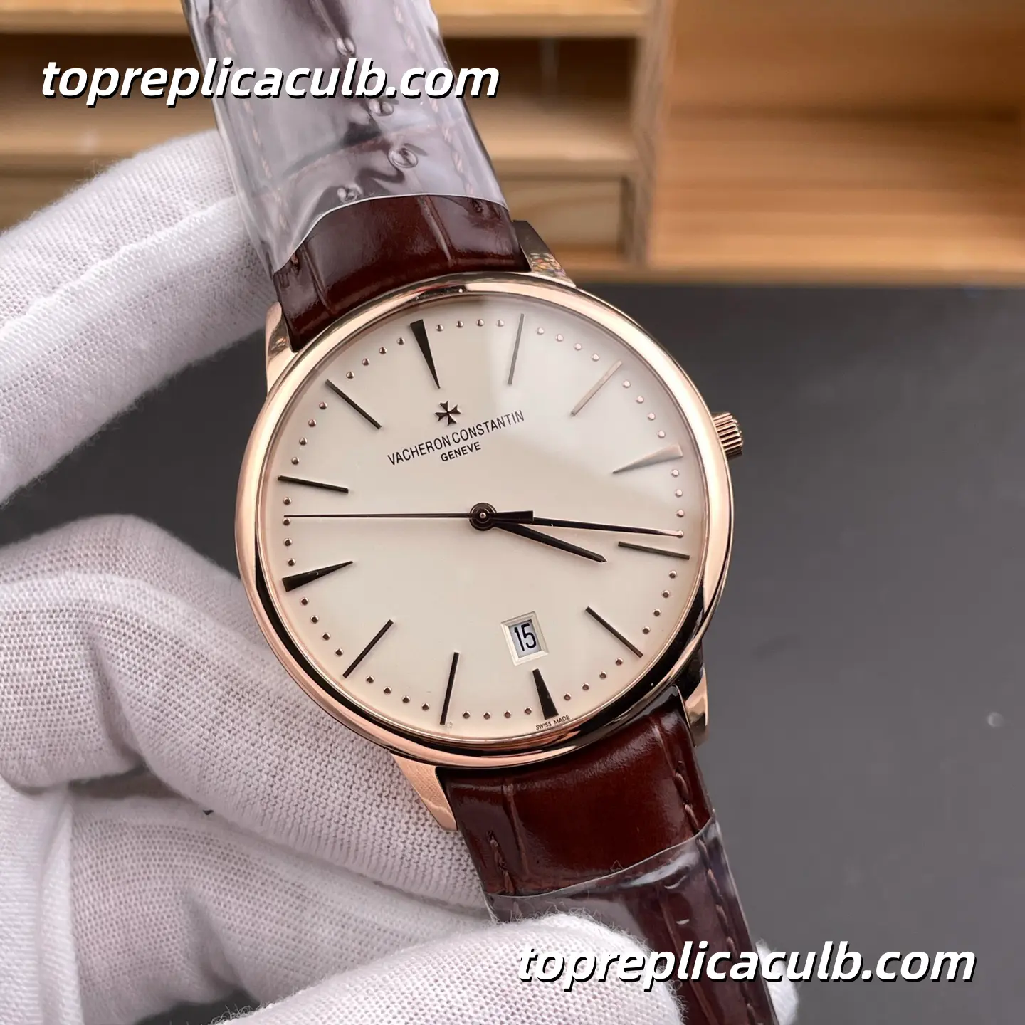 VC+ Factory Vacheron Constantin Patrimony Series 85180/000R-9248 Super Clone Watch 40mm White Dial Rose Gold Case Brown Leather Strap Cal.2450 Q6/3 Automatic Movement - Image 4
