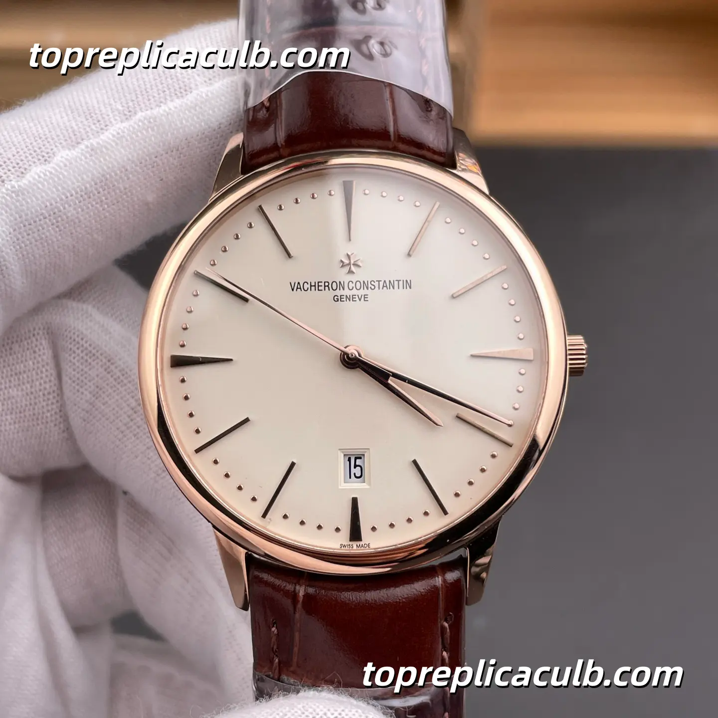 VC+ Factory Vacheron Constantin Patrimony Series 85180/000R-9248 Super Clone Watch 40mm White Dial Rose Gold Case Brown Leather Strap Cal.2450 Q6/3 Automatic Movement - Image 3