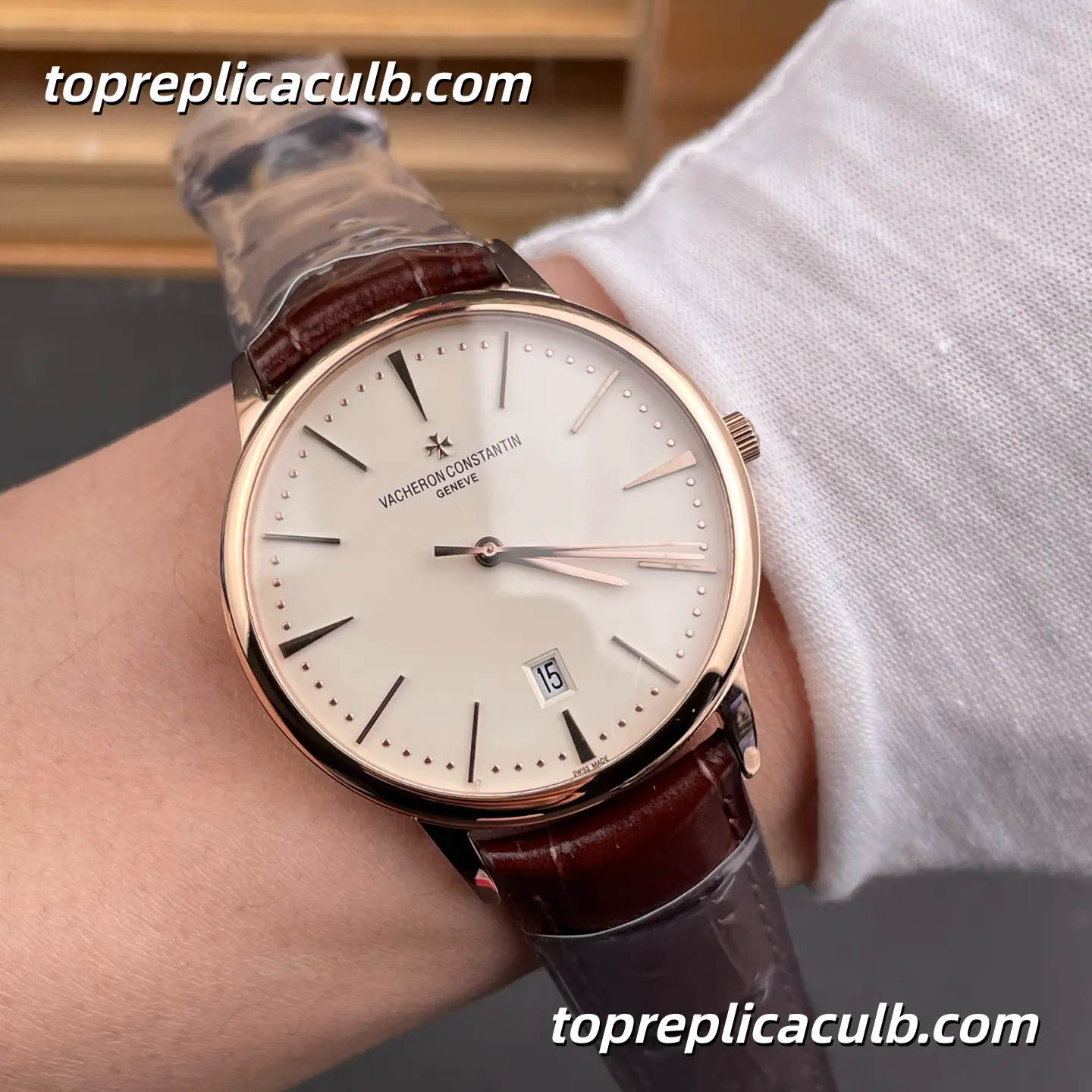 VC+ Factory Vacheron Constantin Patrimony Series 85180/000R-9248 Super Clone Watch 40mm White Dial Rose Gold Case Brown Leather Strap Cal.2450 Q6/3 Automatic Movement - Image 2