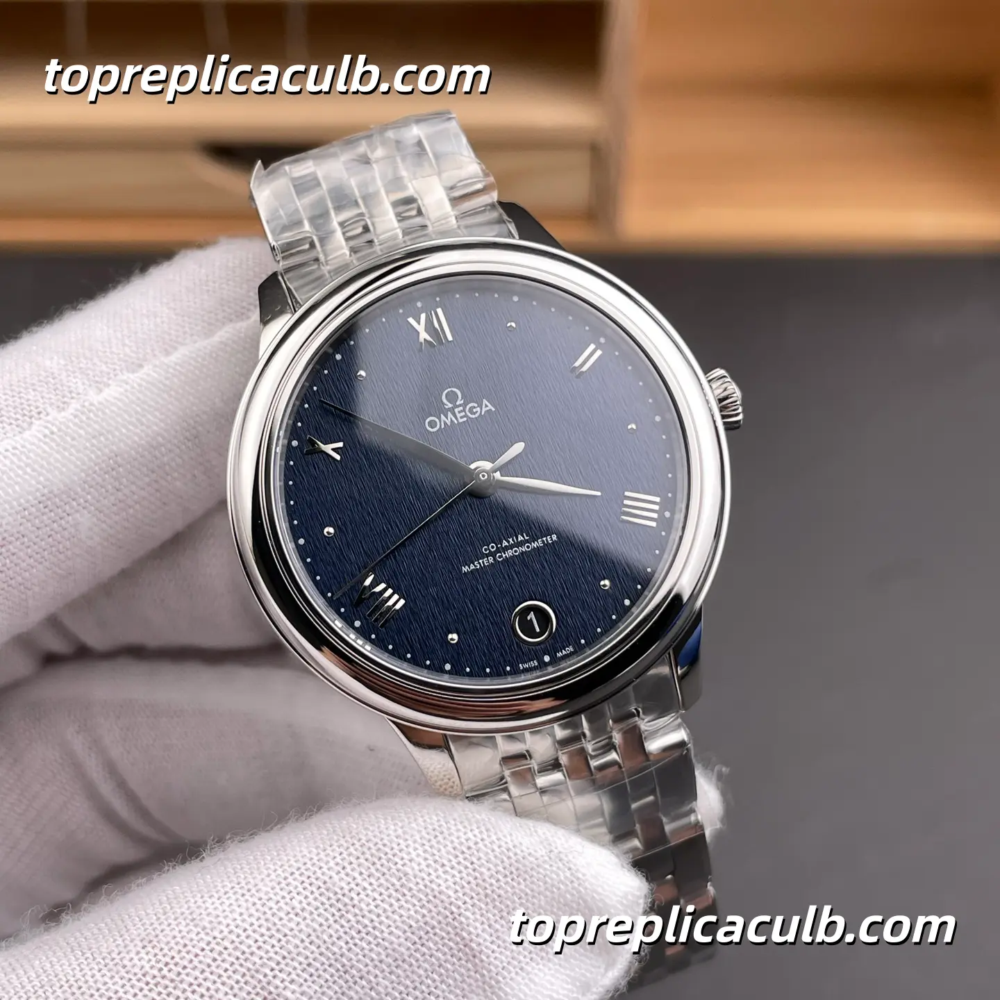 VS Factory Omega De Ville Prestige Ref.434.10.34.20.03.002 34MM Blue Linen Dial Roman Numeral Ladies Super Clone Watch With 1:1 Replica 8800 Automatic Movement - Image 4