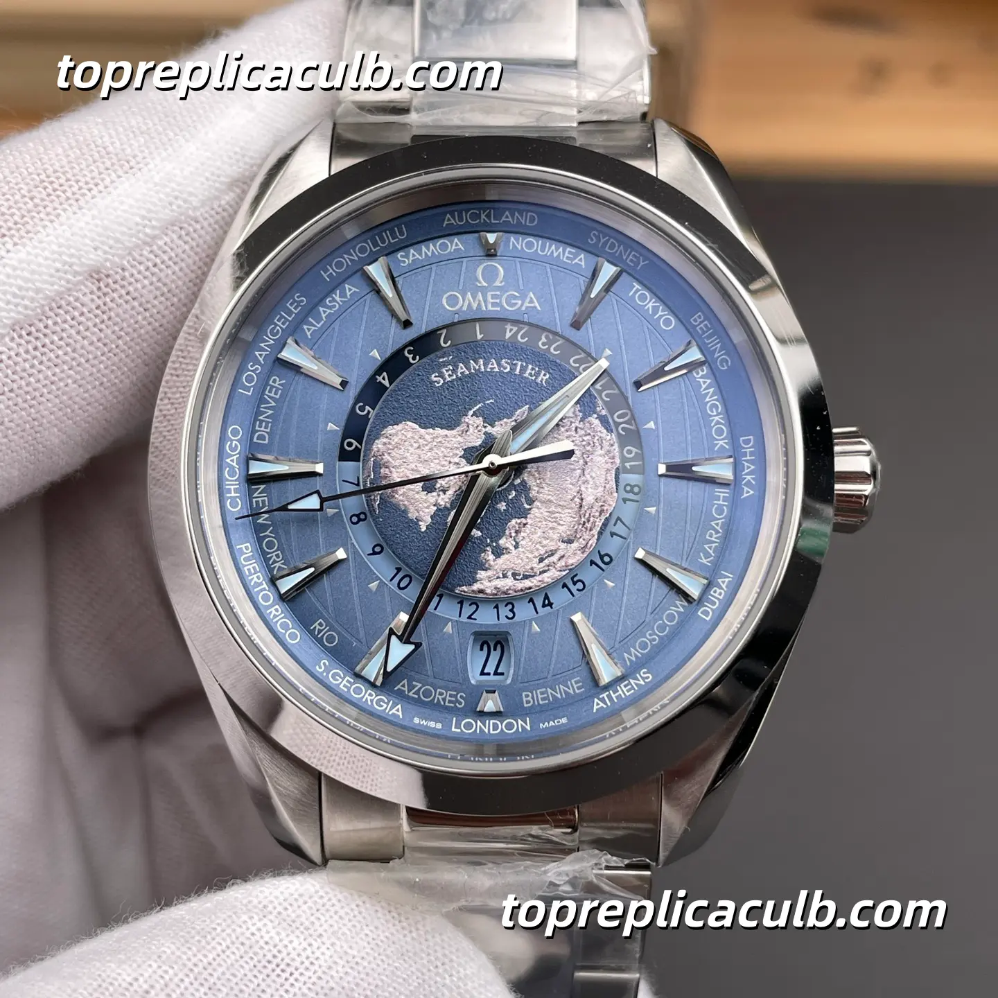 VS Factory Omega Seamaster Aqua Terra Worldtimer 43MM Blue Dial Stainless Steel Super Clone Watch with Integrated Bracelet and World Time Automatic Movement - Image 3