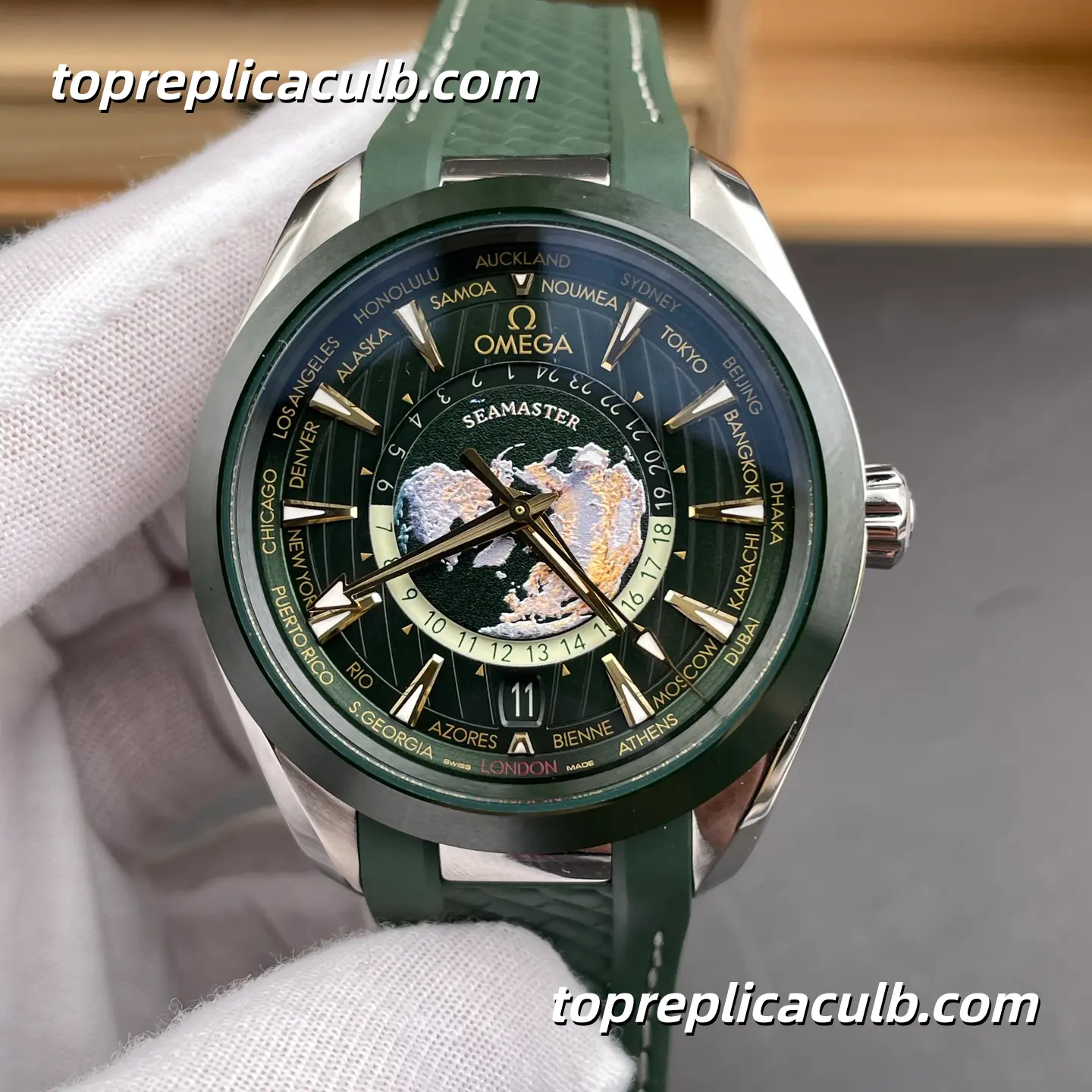 VS Factory Omega Seamaster Aqua Terra Worldtimer Ref.220.32.43.22.10.001 43MM Green Dial Green Rubber Strap 8938 1:1 Movement Super Clone Watch - Image 3