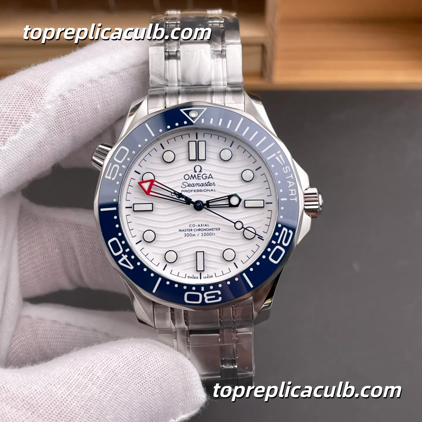 VS Factory Omega Seamaster Diver 300M Ref.210.30.42.20.04.002 42MM White Wave Dial Blue Ceramic Bezel Stainless Steel Bracelet Super Clone Watch