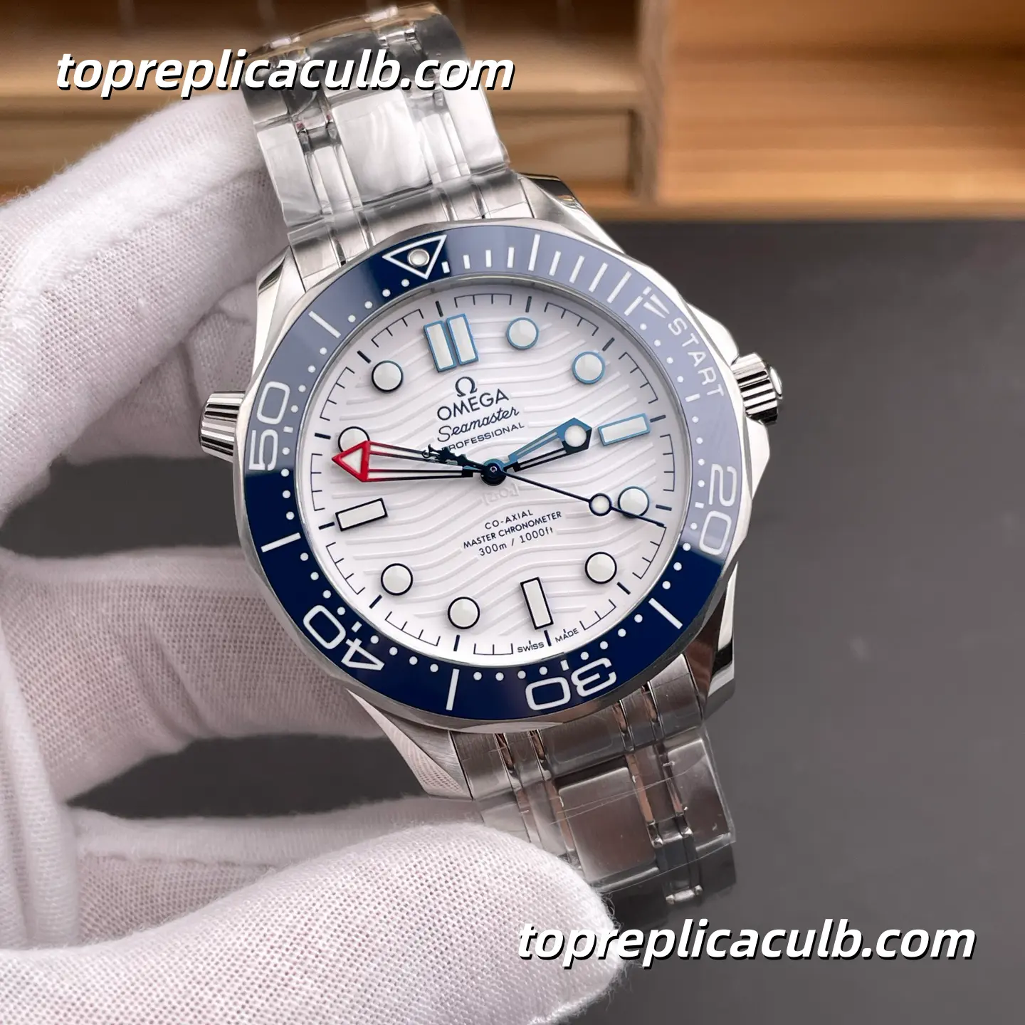 VS Factory Omega Seamaster Diver 300M Ref.210.30.42.20.04.002 42MM White Wave Dial Blue Ceramic Bezel Stainless Steel Bracelet Super Clone Watch With 1:1 Replica 8806 Movement - Image 4